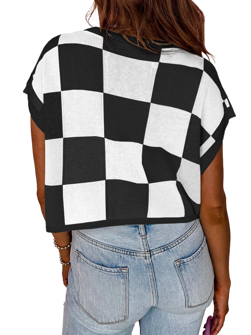 Saodimallsu Womens Cap Sleeve Crop Tops Summer Color Block Going Out Crew Neck Knit Trendy Casual Sweater - Image 4