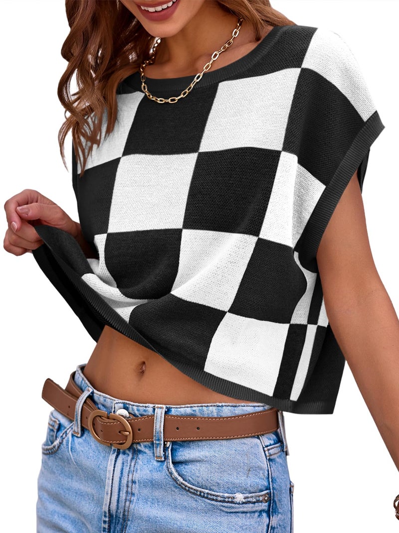 Saodimallsu Womens Cap Sleeve Crop Tops Summer Color Block Going Out Crew Neck Knit Trendy Casual Sweater - Image 3