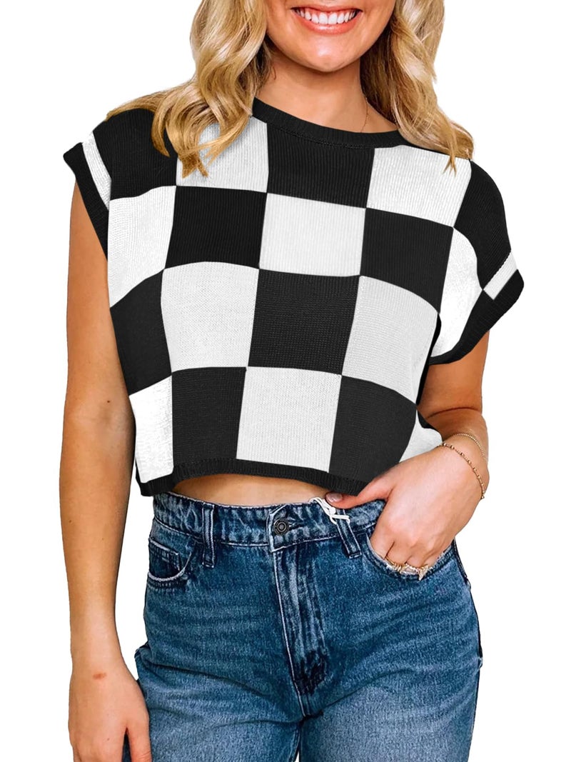 Saodimallsu Womens Cap Sleeve Crop Tops Summer Color Block Going Out Crew Neck Knit Trendy Casual Sweater - Image 2