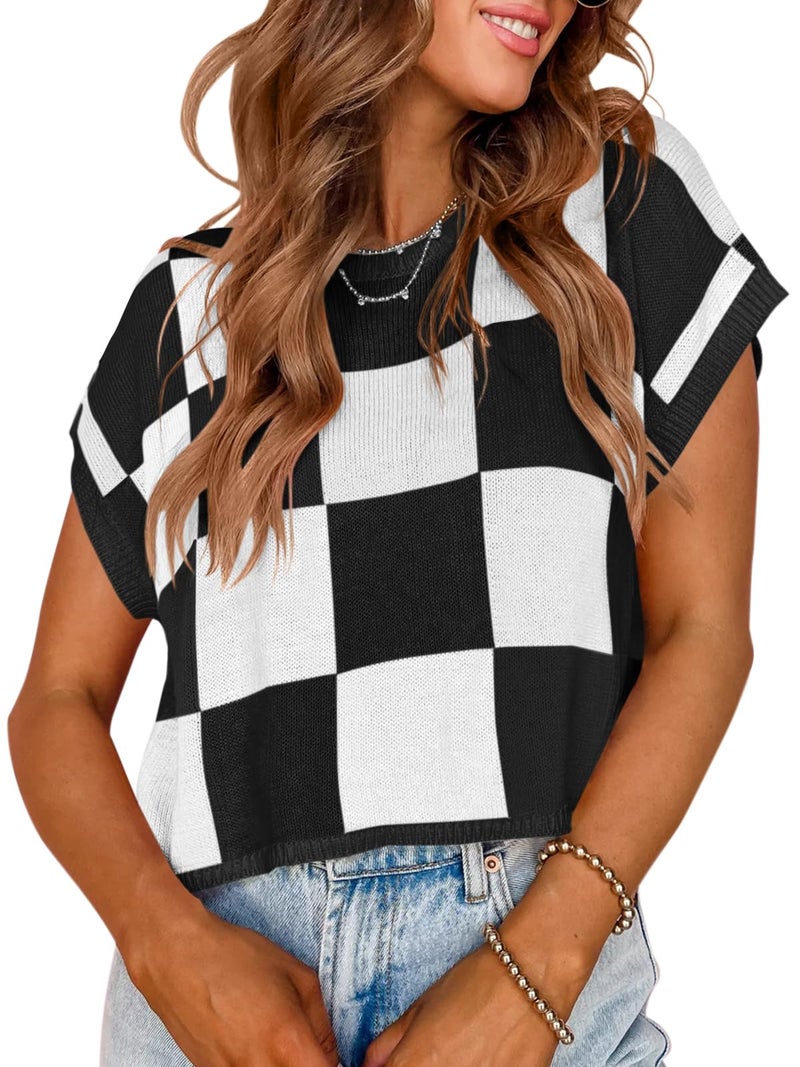 Saodimallsu Womens Cap Sleeve Crop Tops Summer Color Block Going Out Crew Neck Knit Trendy Casual Sweater - Image 1