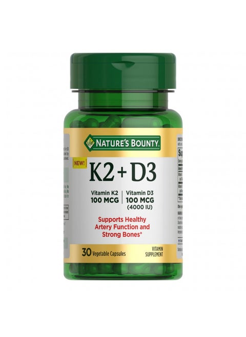 Nature's Bounty Vitamin D3 K2 Supplement, 4000 IU Vitamin D3 Plus 100 mcg of Vitamin K for Heart & Bone Health Support, 30 Day Supply, 30 Vegetarian Capsules, K2 + D3 Supplements for Adults