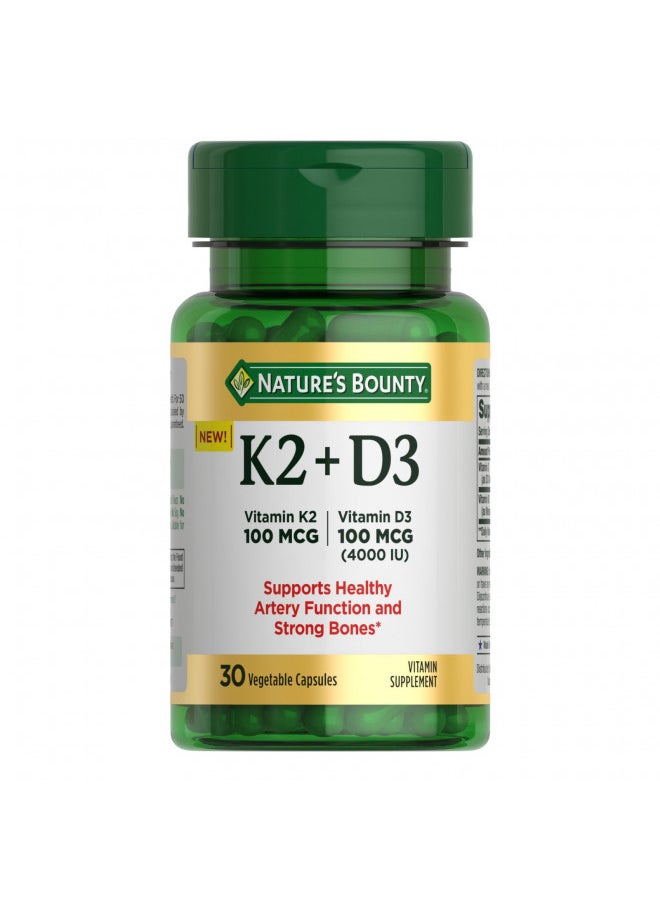 Nature's Bounty Vitamin D3 K2 Supplement, 4000 IU Vitamin D3 Plus 100 mcg of Vitamin K for Heart & Bone Health Support, 30 Day Supply, 30 Vegetarian Capsules, K2 + D3 Supplements for Adults