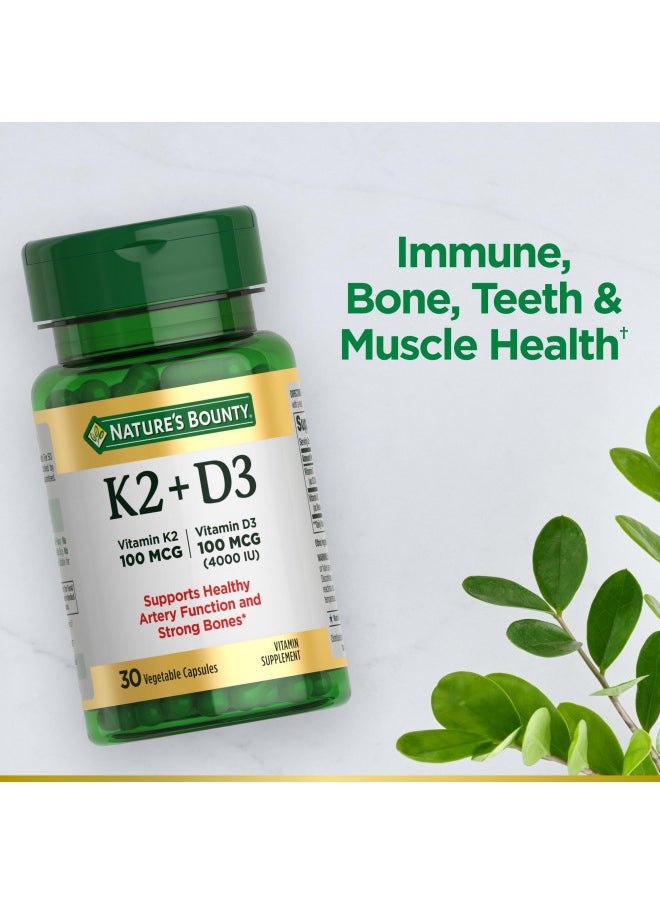 Nature's Bounty Vitamin D3 K2 Supplement, 4000 IU Vitamin D3 Plus 100 mcg of Vitamin K for Heart & Bone Health Support, 30 Day Supply, 30 Vegetarian Capsules, K2 + D3 Supplements for Adults