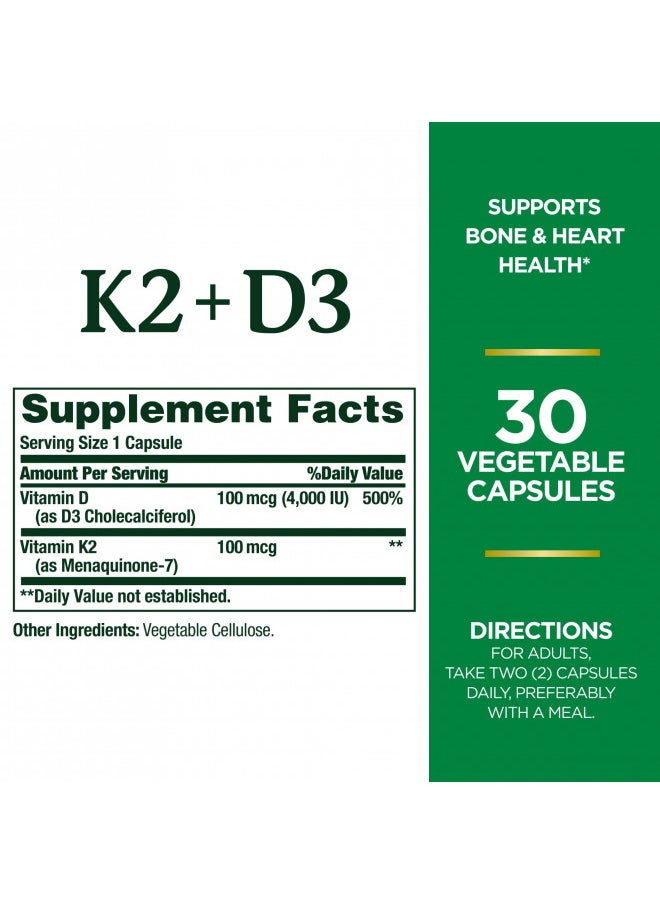 Nature's Bounty Vitamin D3 K2 Supplement, 4000 IU Vitamin D3 Plus 100 mcg of Vitamin K for Heart & Bone Health Support, 30 Day Supply, 30 Vegetarian Capsules, K2 + D3 Supplements for Adults