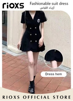 RIOXS Women Black Double Breasted Dress with Cutout Design and Bow on the Back, Short Sleeve A-line Dress, College-style Pleated Skirt for Young Ladies, Classic Fashionable Slim Jacket Dress, A Must-have Dress for Summer, Great for Any Special Occasion or Daily Wear  - Image 3