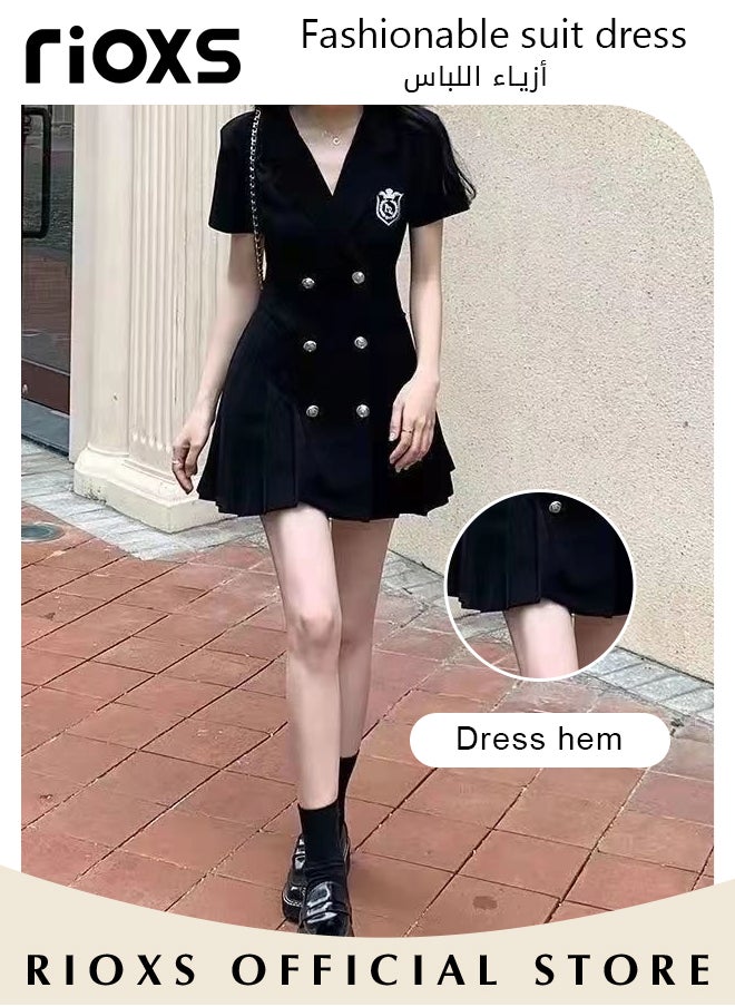 RIOXS - Women Black Double Breasted Dress with Cutout Design and Bow on the Back, Short Sleeve A-line Dress, College-style Pleated Skirt for Young Ladies, Classic Fashionable Slim Jacket Dress, A Must-have Dress for Summer, Great for Any Special Occasion or Daily Wear - Image 1