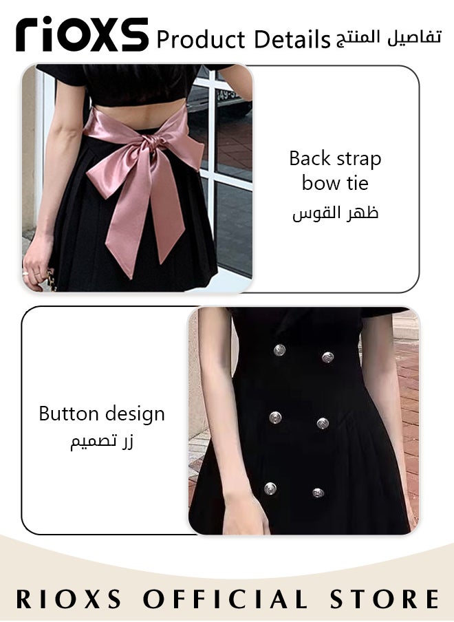 RIOXS - Women Black Double Breasted Dress with Cutout Design and Bow on the Back, Short Sleeve A-line Dress, College-style Pleated Skirt for Young Ladies, Classic Fashionable Slim Jacket Dress, A Must-have Dress for Summer, Great for Any Special Occasion or Daily Wear - Image 1