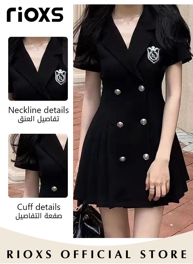 RIOXS - Women Black Double Breasted Dress with Cutout Design and Bow on the Back, Short Sleeve A-line Dress, College-style Pleated Skirt for Young Ladies, Classic Fashionable Slim Jacket Dress, A Must-have Dress for Summer, Great for Any Special Occasion or Daily Wear - Image 1