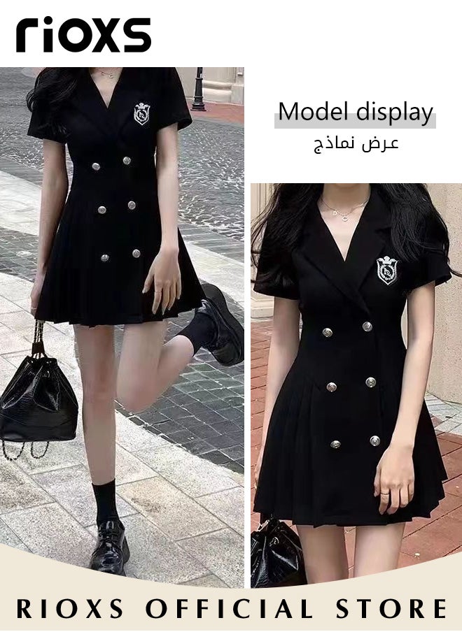 RIOXS - Women Black Double Breasted Dress with Cutout Design and Bow on the Back, Short Sleeve A-line Dress, College-style Pleated Skirt for Young Ladies, Classic Fashionable Slim Jacket Dress, A Must-have Dress for Summer, Great for Any Special Occasion or Daily Wear - Image 1
