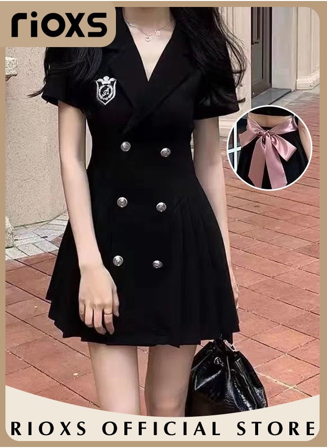 RIOXS - Women Black Double Breasted Dress with Cutout Design and Bow on the Back, Short Sleeve A-line Dress, College-style Pleated Skirt for Young Ladies, Classic Fashionable Slim Jacket Dress, A Must-have Dress for Summer, Great for Any Special Occasion or Daily Wear - Image 1