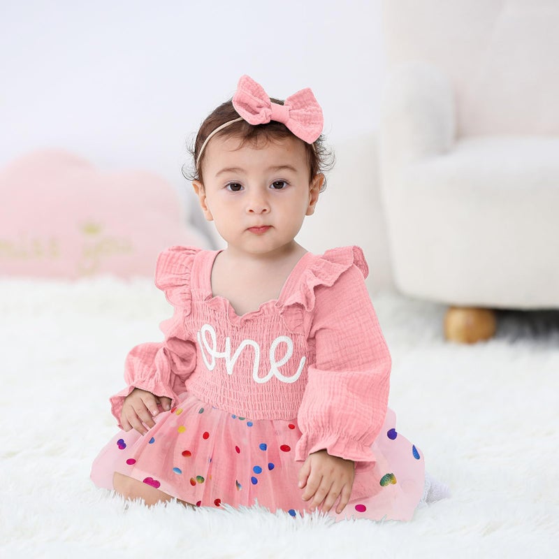 TITKKOP Baby Girl 1st Birthday Clothes One Year Old Tulle Romper Long Sleeve Bodysuit Cake Smash Outfits(dot pink,9-12M) - Image 2
