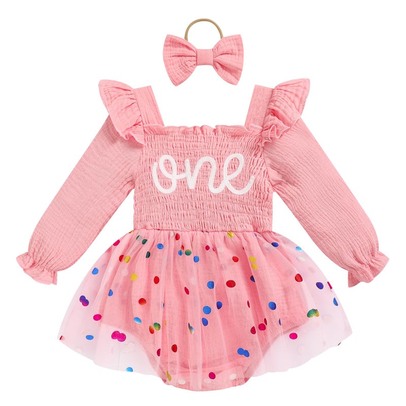 TITKKOP Baby Girl 1st Birthday Clothes One Year Old Tulle Romper Long Sleeve Bodysuit Cake Smash Outfits(dot pink,9-12M) - Image 1
