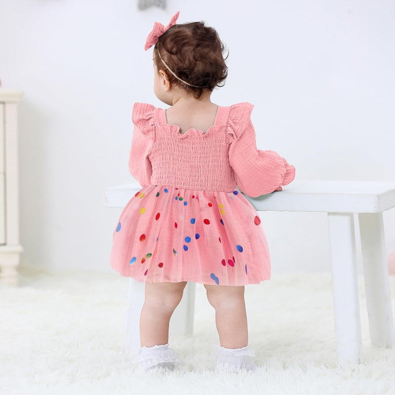 TITKKOP Baby Girl 1st Birthday Clothes One Year Old Tulle Romper Long Sleeve Bodysuit Cake Smash Outfits(dot pink,9-12M) - Image 4