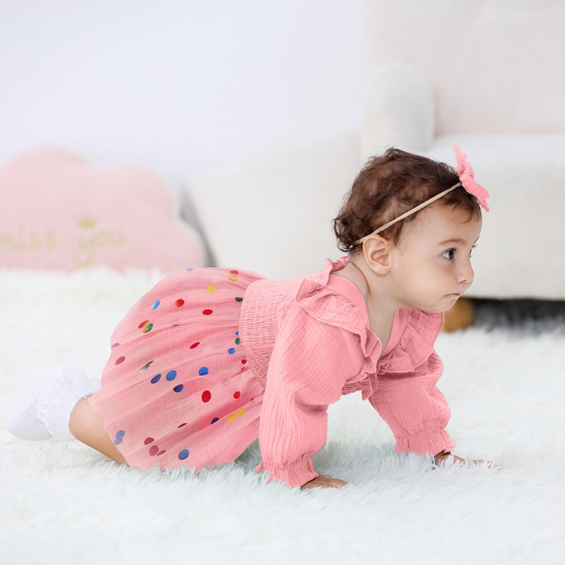 TITKKOP Baby Girl 1st Birthday Clothes One Year Old Tulle Romper Long Sleeve Bodysuit Cake Smash Outfits(dot pink,9-12M) - Image 3