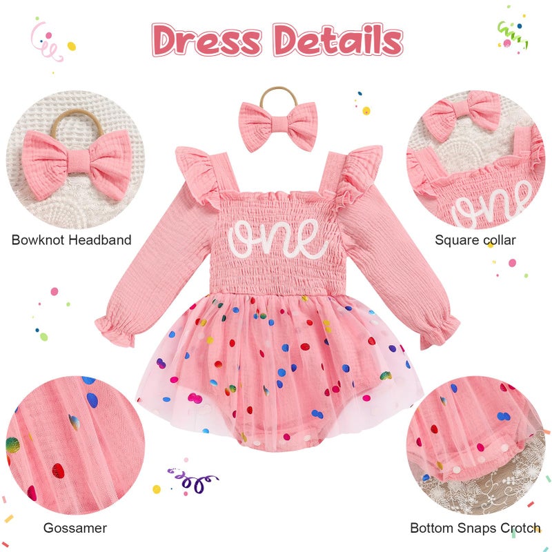 TITKKOP Baby Girl 1st Birthday Clothes One Year Old Tulle Romper Long Sleeve Bodysuit Cake Smash Outfits(dot pink,9-12M) - Image 5