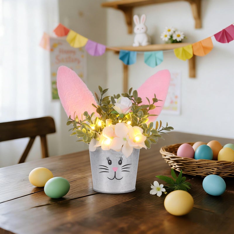 Prsildan 2 Pcs Easter Table Decorations Artificial Flower with Bunny Ear, Lighted Desk Decor Bunny Flowers, Easter Tabletop Decorations for Home Table Mantle Office Spring Party - Image 5