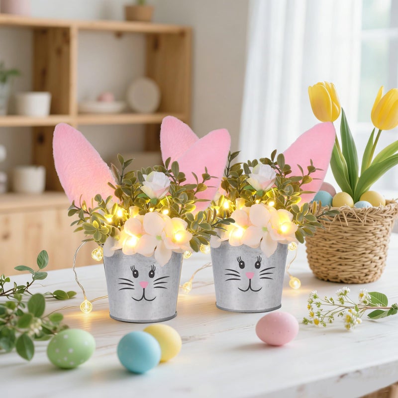 Prsildan 2 Pcs Easter Table Decorations Artificial Flower with Bunny Ear, Lighted Desk Decor Bunny Flowers, Easter Tabletop Decorations for Home Table Mantle Office Spring Party - Image 2