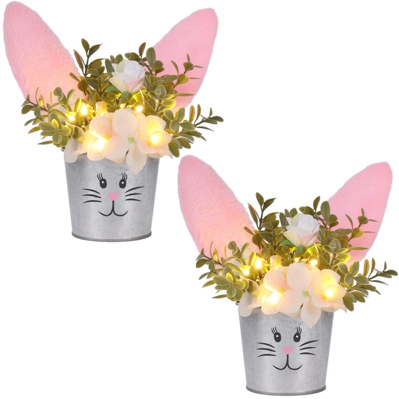 Prsildan 2 Pcs Easter Table Decorations Artificial Flower with Bunny Ear, Lighted Desk Decor Bunny Flowers, Easter Tabletop Decorations for Home Table Mantle Office Spring Party - Image 1