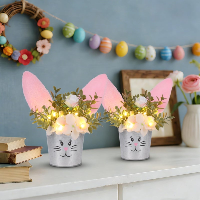 Prsildan 2 Pcs Easter Table Decorations Artificial Flower with Bunny Ear, Lighted Desk Decor Bunny Flowers, Easter Tabletop Decorations for Home Table Mantle Office Spring Party - Image 4