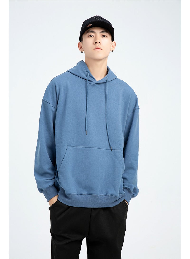 Loquat Add Fleece Solid Color Hoodie Men's Hoodie Silver Fox Fleece Overalls Blue