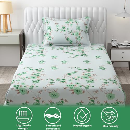 Fresh From Loom Floral Print 240 TC Microfiber Single Bed Bedsheet Set with 1 Pillow Covers - Hypoallergenic & Soft (60 x 90 inch | Cyan, Floral Design) - Image 2