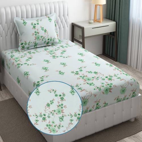Fresh From Loom Floral Print 240 TC Microfiber Single Bed Bedsheet Set with 1 Pillow Covers - Hypoallergenic & Soft (60 x 90 inch | Cyan, Floral Design) - Image 1