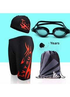 Men's Swimming Trunks And Swimming Cap Set Learning Swimming Equipment Quick-Drying Boxer Hot Spring Large Size Flame Five-Point Swimming Trunks-Color:8702 Five-point Red Label Six-piece Set-xxxl (recommended Weight 72.5-85kg )