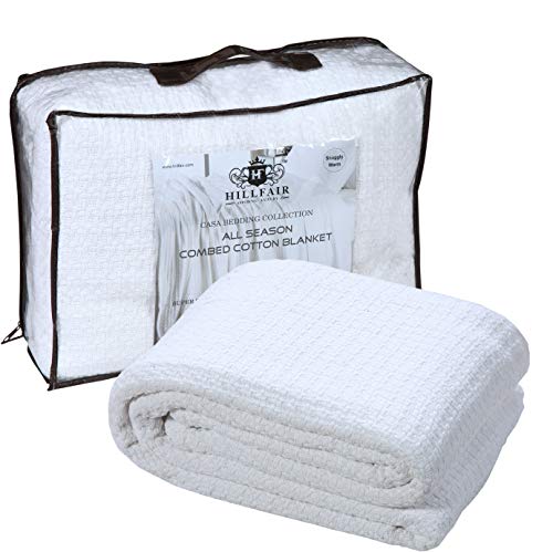 HILLFAIR 100% Combed Cotton Blanket– Twin XL Bed Blanket– Soft Cozy Warm Multipurpose Throws for Luxury Home Decor– 66 x 90 inch Twin XL Size Cotton Blankets for Beds- Blankets for All Season- White - Image 1