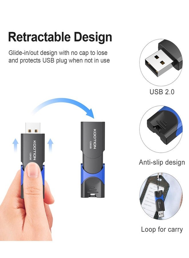 كووشن مجموعة من 3 وحدات تخزين فلاش كوتيون بسعة 128 جيجابايت، وحدات تخزين فلاش USB قابلة للسحب، وحدات تخزين فلاش USB 2.0، وحدات تخزين فلاش Zip عالية السرعة مع مؤشر LED لتخزين البيانات ونقلها - Image 2