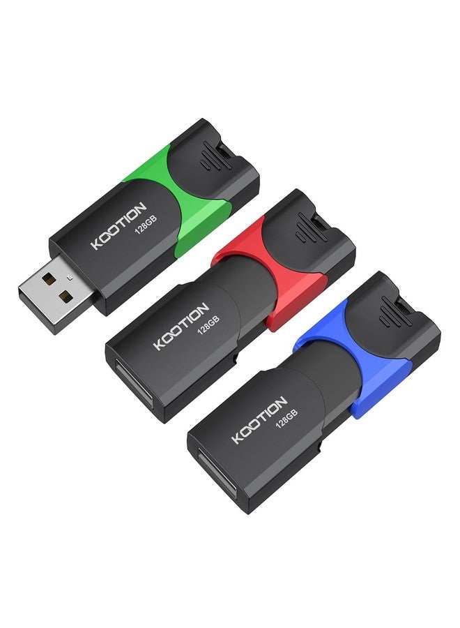 كووشن مجموعة من 3 وحدات تخزين فلاش كوتيون بسعة 128 جيجابايت، وحدات تخزين فلاش USB قابلة للسحب، وحدات تخزين فلاش USB 2.0، وحدات تخزين فلاش Zip عالية السرعة مع مؤشر LED لتخزين البيانات ونقلها - Image 1