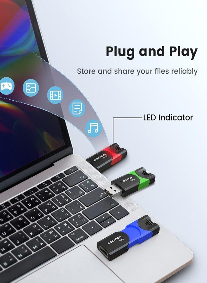 كووشن مجموعة من 3 وحدات تخزين فلاش كوتيون بسعة 128 جيجابايت، وحدات تخزين فلاش USB قابلة للسحب، وحدات تخزين فلاش USB 2.0، وحدات تخزين فلاش Zip عالية السرعة مع مؤشر LED لتخزين البيانات ونقلها - Image 5
