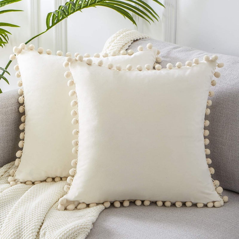 Topfinel Top Finel Cream White Throw Pillow Covers 20x20 inches Set of 2 Soft Velvet Couch Pillow Covers with Pom Poms Sofa Pillow Decorative Cushion Cases for Livingroom Bedroom Home Decor
