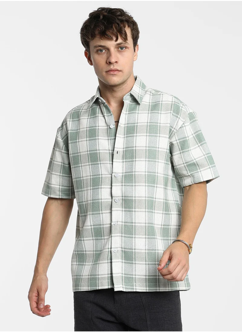 Campus Sutra Men's Sage Green & Powder White Buffalo Check Shirt