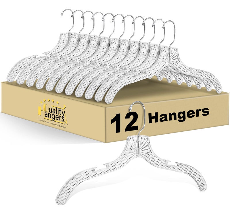 Quality Hangers Quality Clear Plastic Hangers 12 Pack - Durable Crystal Cut Heavy Duty Hangers for Clothes, Shirts, Suits, Coats, Dresses - Image 1