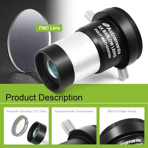 Astromania 3X Barlow Lens 1.25 inch Fully Multi Coated Metal Short Focus Barlow Lens Internal Brass Ring & Two Fixing Thumbscrews, M42 Thread Camera Connect Interface for Telescope Eyepiece - Image 3