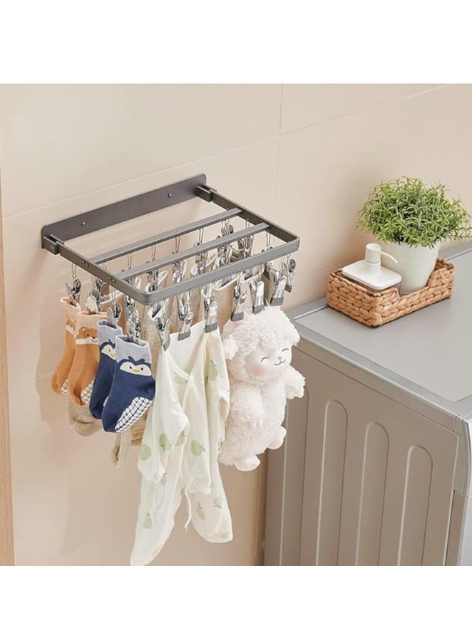 Wall Mounted Drying Rack Foldable Clothes Hanger with 26 Clips Sock Clip Suction Cup Space-saving Clothes Hanger for Clothes, Towels, Underwear - Image 2