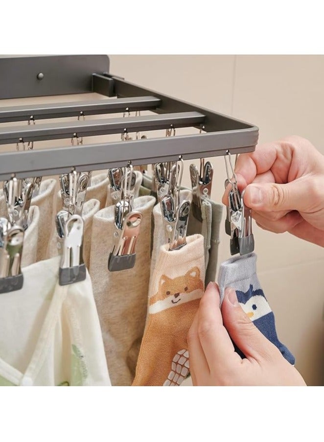 Wall Mounted Drying Rack Foldable Clothes Hanger with 26 Clips Sock Clip Suction Cup Space-saving Clothes Hanger for Clothes, Towels, Underwear - Image 3