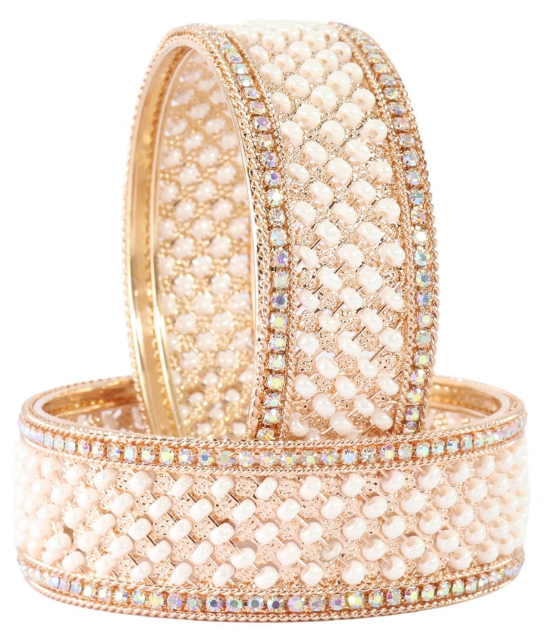 NMII Traditional Metal White Moti Pearls & Diamond Kada Bangles Set for Women & Girls | Latest Stone Bangles | Traditional Rajwadi Chuda Set for Bridal-(MAH110-Gold-2.8) - Image 1