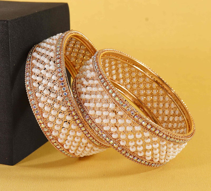 NMII Traditional Metal White Moti Pearls & Diamond Kada Bangles Set for Women & Girls | Latest Stone Bangles | Traditional Rajwadi Chuda Set for Bridal-(MAH110-Gold-2.8) - Image 4
