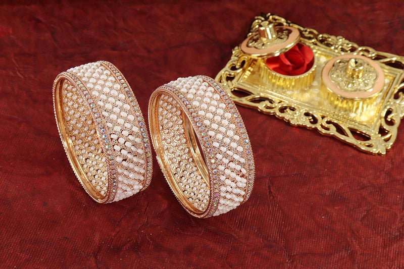 NMII Traditional Metal White Moti Pearls & Diamond Kada Bangles Set for Women & Girls | Latest Stone Bangles | Traditional Rajwadi Chuda Set for Bridal-(MAH110-Gold-2.8) - Image 3