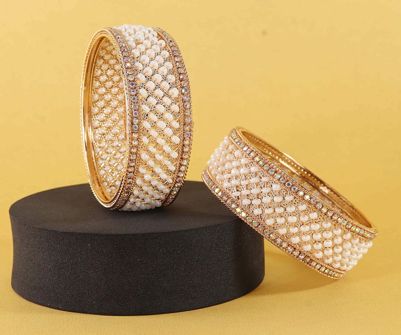 NMII Traditional Metal White Moti Pearls & Diamond Kada Bangles Set for Women & Girls | Latest Stone Bangles | Traditional Rajwadi Chuda Set for Bridal-(MAH110-Gold-2.8) - Image 2