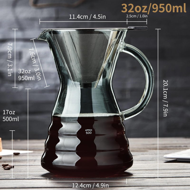 Unbreakable - Pour Over Coffee Maker with Permanent Stainless Filter 27 fl oz, Thickened Heat-Resistant Borosilicate Glass Dripper Coffee Brewer, Stovetop Safe, Ink - Image 4