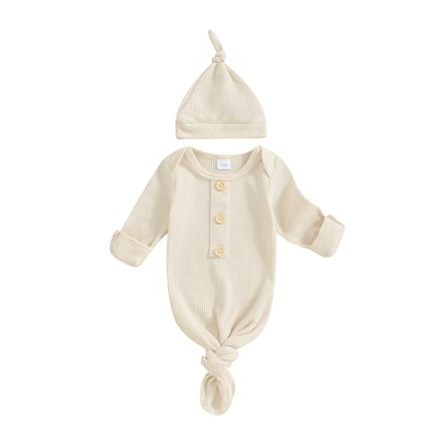 KMBANGI Newborn Baby Boys Girls Knotted Gown Hat Set Long Sleeve Button Infant Sleeper Baby Sleep Gown with Mittens (Apricot, 0-3 Months) - Image 1