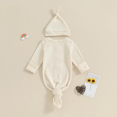 KMBANGI Newborn Baby Boys Girls Knotted Gown Hat Set Long Sleeve Button Infant Sleeper Baby Sleep Gown with Mittens (Apricot, 0-3 Months) - Image 3
