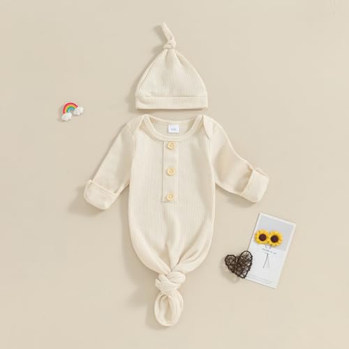 KMBANGI Newborn Baby Boys Girls Knotted Gown Hat Set Long Sleeve Button Infant Sleeper Baby Sleep Gown with Mittens (Apricot, 0-3 Months) - Image 2
