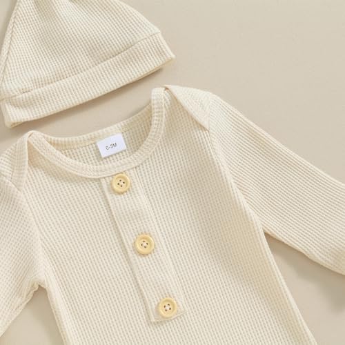 KMBANGI Newborn Baby Boys Girls Knotted Gown Hat Set Long Sleeve Button Infant Sleeper Baby Sleep Gown with Mittens (Apricot, 0-3 Months) - Image 4