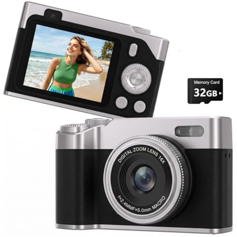 Digital Camera for:FHD 1080P vlogging camera with 16X zoom, anti-shake, compact plastic body in blue, built-in 32GB SD and fill light for indoor use - Image 1