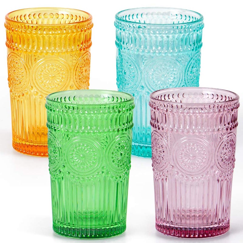 MDLUU Colored Glassware Multicolor Drinking Glasses Embossed Water Glasses Colored Tumblers Glass Capacity 12oz345ml Set of 4