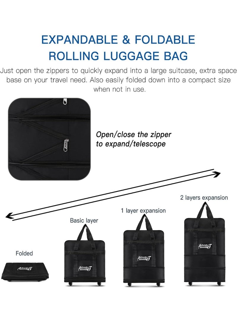 سبورت حقيبة سفر قابلة للطي بعجلات، مقاومة للماء، مزودة بسحاب، وزن 20 كجم، حقيبة تنظيم خفيفة الوزن - Image 3