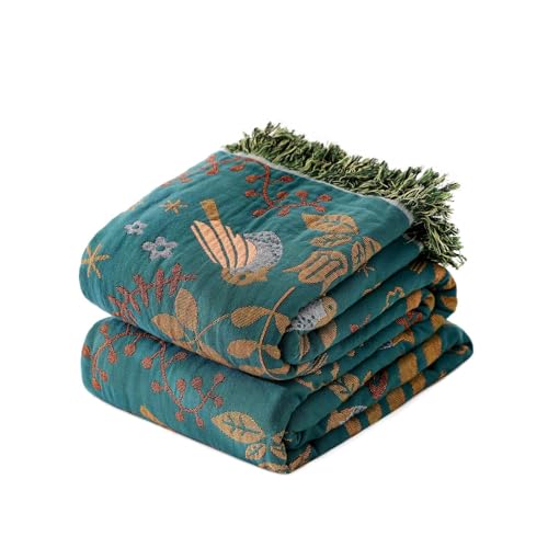 LUTBM Boho Throw Blanket for Couch 100 Cotton Soft Birds and Floral Double Embroidery Breathable Summer Throw Blankets50x60 All Season Reversible Throws for Sofa Chair Livingroom Home Decor - Image 1